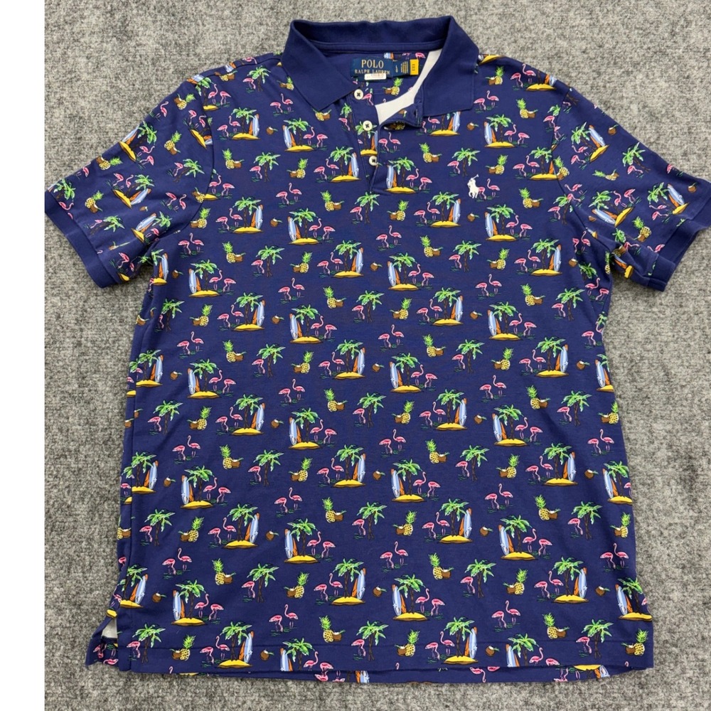 Polo Ralph Lauren Flamingo Surfboard Pineapple Print Polo Shirt Blue Large